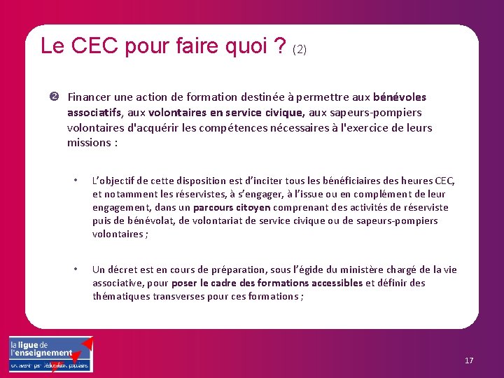 Le CEC pour faire quoi ? (2) Financer une action de formation destinée à