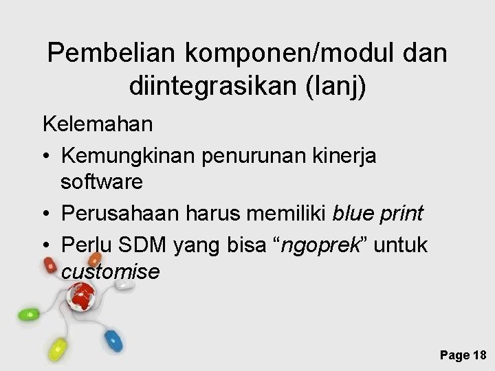 Pembelian komponen/modul dan diintegrasikan (lanj) Kelemahan • Kemungkinan penurunan kinerja software • Perusahaan harus