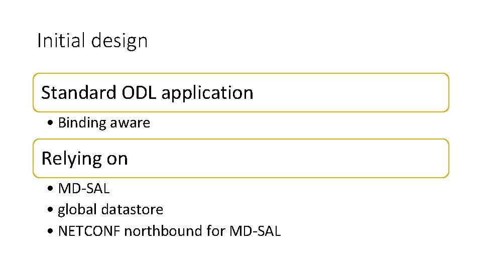 Initial design Standard ODL application • Binding aware Relying on • MD-SAL • global
