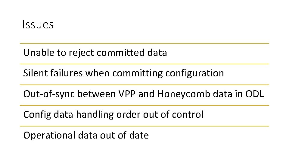 Issues Unable to reject committed data Silent failures when committing configuration Out-of-sync between VPP