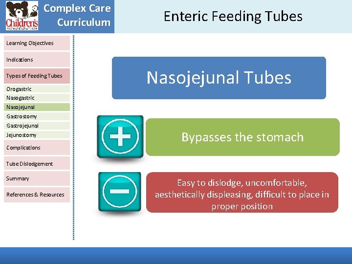 Complex Care Curriculum Enteric Feeding Tubes Learning Objectives Indications Types of Feeding Tubes Orogastric