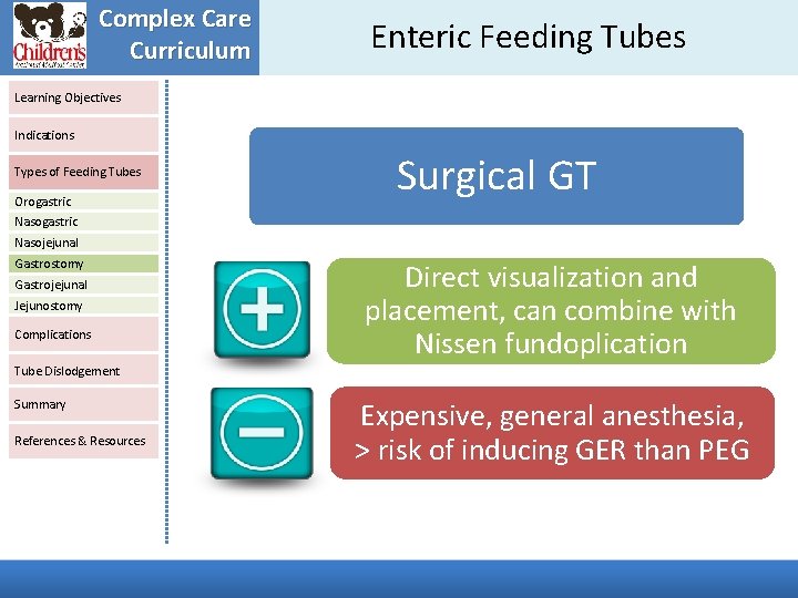 Complex Care Curriculum Enteric Feeding Tubes Learning Objectives Indications Types of Feeding Tubes Orogastric