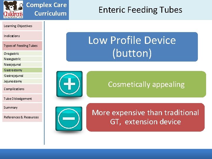 Complex Care Curriculum Enteric Feeding Tubes Learning Objectives Indications Types of Feeding Tubes Orogastric