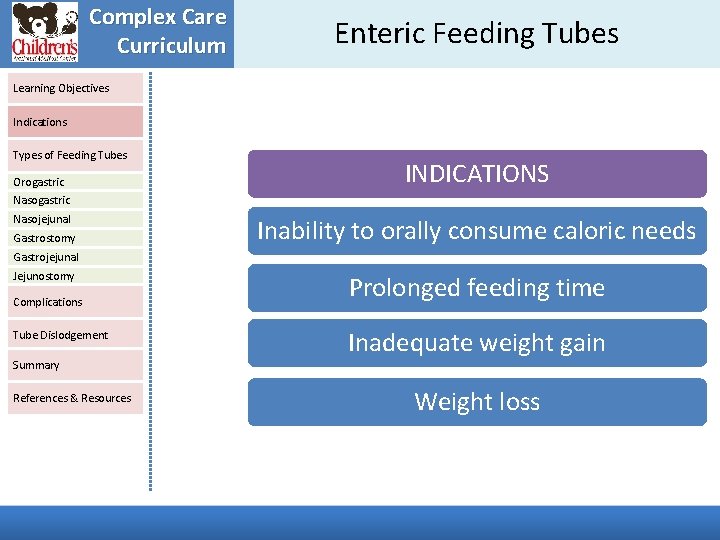 Complex Care Curriculum Enteric Feeding Tubes Learning Objectives Indications Types of Feeding Tubes Orogastric