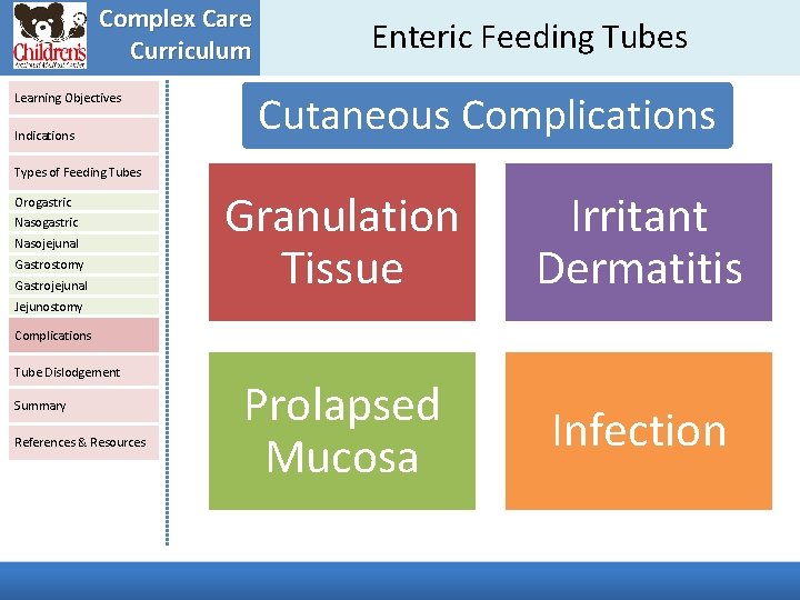 Complex Care Curriculum Learning Objectives Indications Enteric Feeding Tubes Cutaneous Complications Types of Feeding Complex Care Curriculum Learning Objectives Indications Enteric Feeding Tubes Cutaneous Complications Types of Feeding