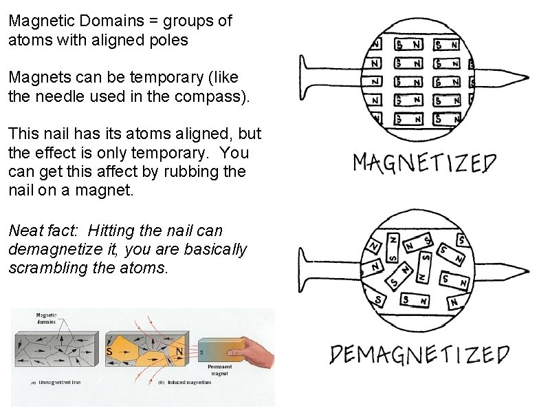 Magnetic Domains = groups of atoms with aligned poles Magnets can be temporary (like