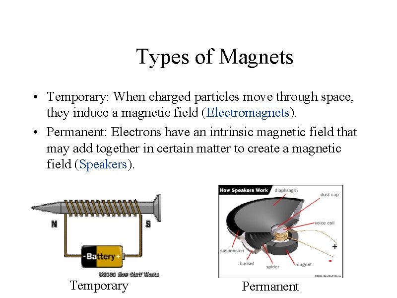 Types of Magnets • Temporary: When charged particles move through space, they induce a