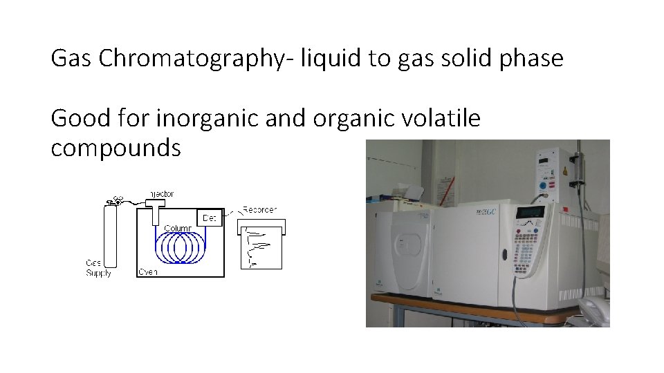 Gas Chromatography- liquid to gas solid phase Good for inorganic and organic volatile compounds