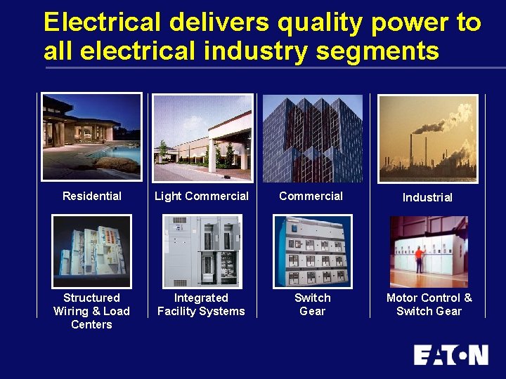 Electrical delivers quality power to all electrical industry segments Residential Light Commercial Industrial Structured