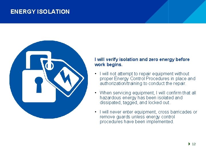 ENERGY ISOLATION I will verify isolation and zero energy before work begins. • I