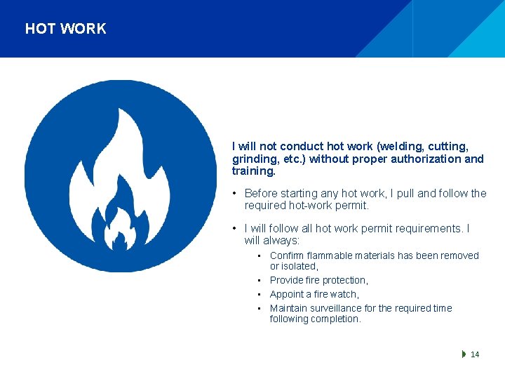 HOT WORK I will not conduct hot work (welding, cutting, grinding, etc. ) without