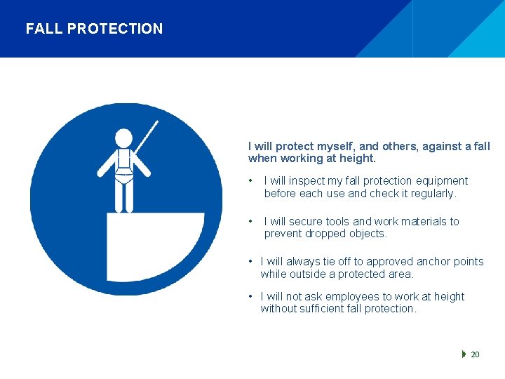 FALL PROTECTION I will protect myself, and others, against a fall when working at