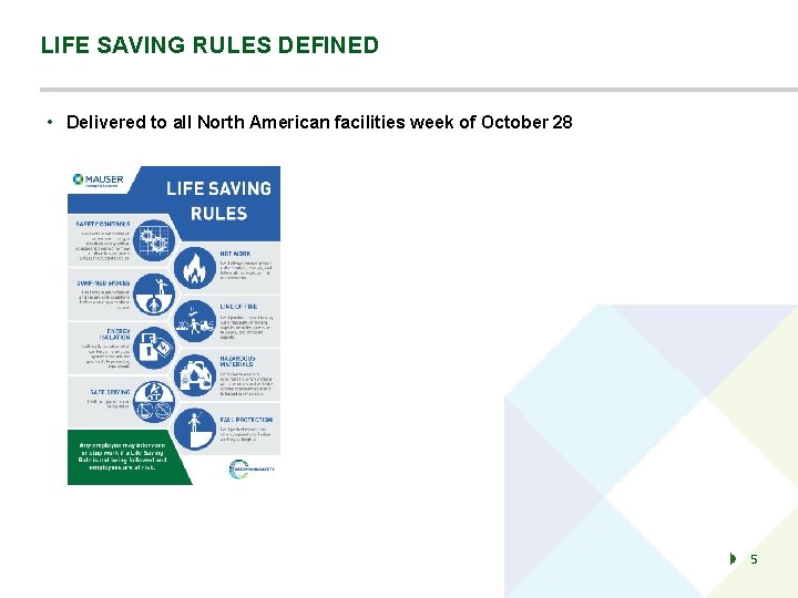 LIFE SAVING RULES DEFINED • Delivered to all North American facilities week of October