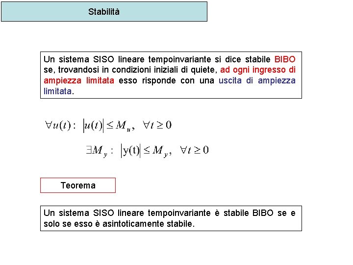 Stabilità Un sistema SISO lineare tempoinvariante si dice stabile BIBO se, trovandosi in condizioni