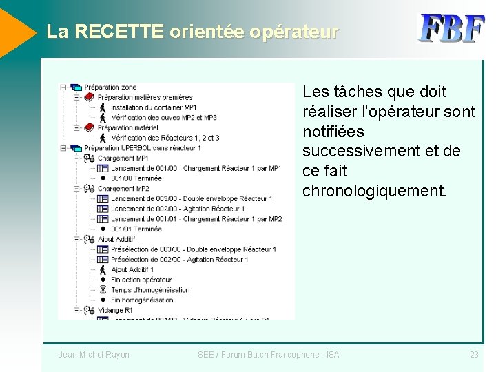 La RECETTE orientée opérateur Les tâches que doit réaliser l’opérateur sont notifiées successivement et