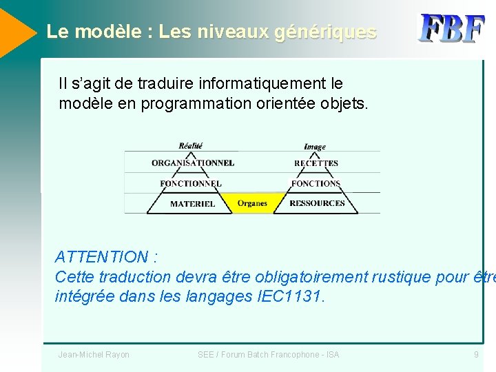 Le modèle : Les niveaux génériques Il s’agit de traduire informatiquement le modèle en