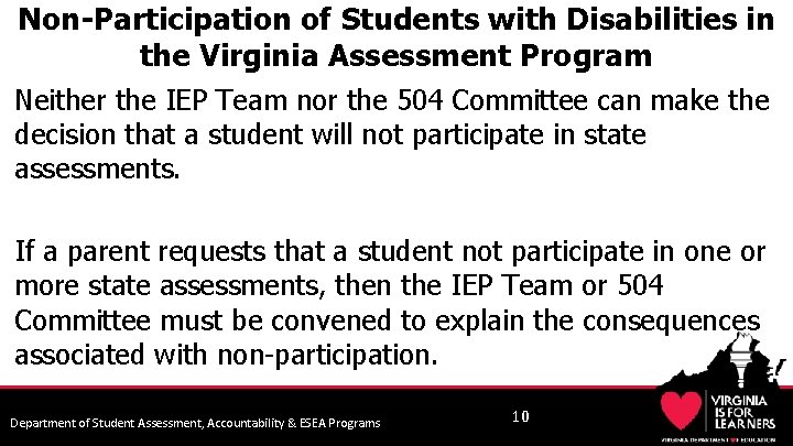 Non-Participation of Students with Disabilities in the Virginia Assessment Program Neither the IEP Team