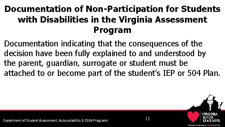 Documentation of Non-Participation for Students with Disabilities in the Virginia Assessment Program Documentation indicating