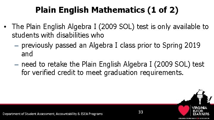 Plain English Mathematics (1 of 2) • The Plain English Algebra I (2009 SOL)