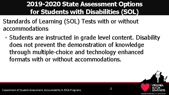 2019 -2020 State Assessment Options for Students with Disabilities (SOL) Standards of Learning (SOL)