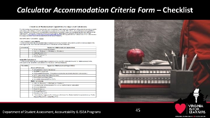 Calculator Accommodation Criteria Form – Checklist Department of Student Assessment, Accountability & ESEA Programs