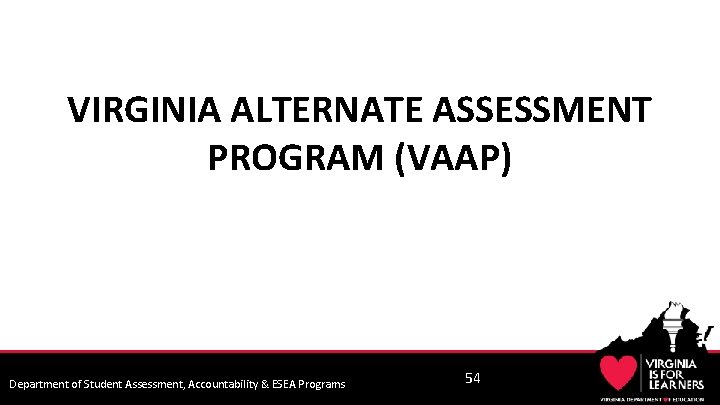 VIRGINIA ALTERNATE ASSESSMENT PROGRAM (VAAP) Department of Student Assessment, Accountability & ESEA Programs 54