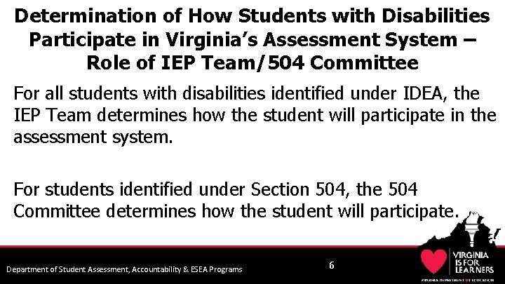 Determination of How Students with Disabilities Participate in Virginia’s Assessment System – Role of