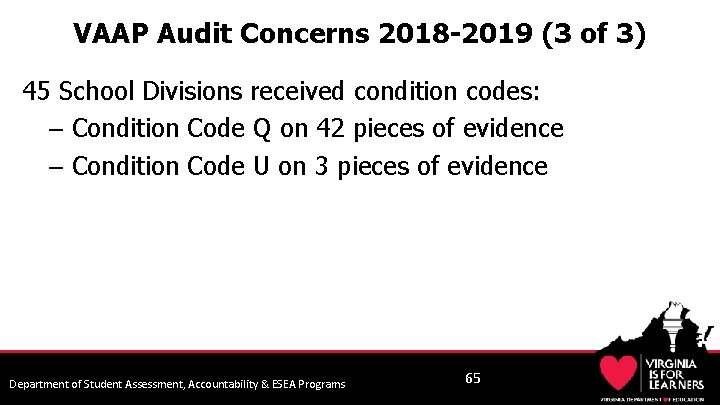 VAAP Audit Concerns 2018 -2019 (3 of 3) 45 School Divisions received condition codes:
