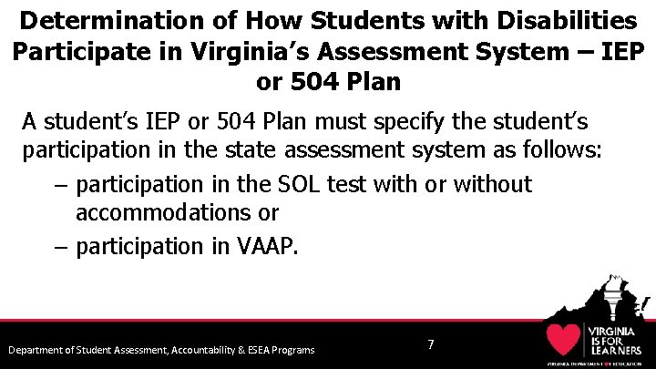 Determination of How Students with Disabilities Participate in Virginia’s Assessment System – IEP or