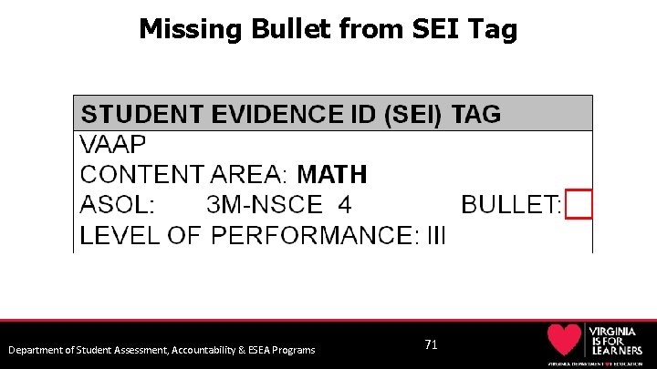 Missing Bullet from SEI Tag Department of Student Assessment, Accountability & ESEA Programs 71