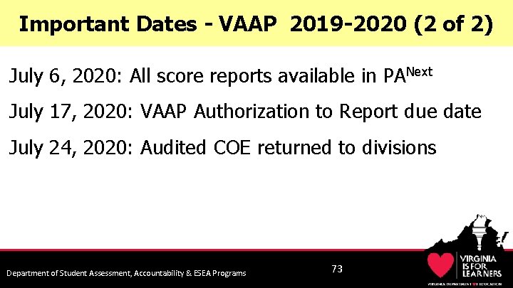 Important Dates - VAAP 2019 -2020 (2 of 2) July 6, 2020: All score