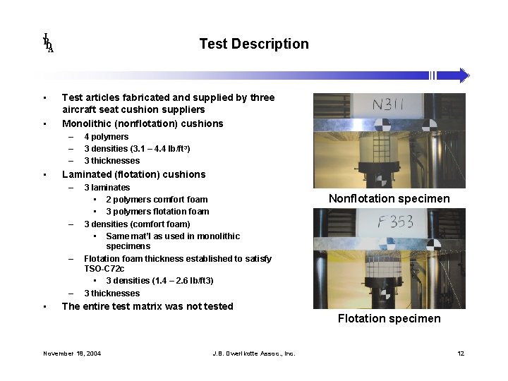 J B DA • • Test Description Test articles fabricated and supplied by three