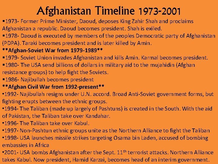 Afghanistan Timeline 1973 -2001 § 1973 - Former Prime Minister, Daoud, deposes King Zahir