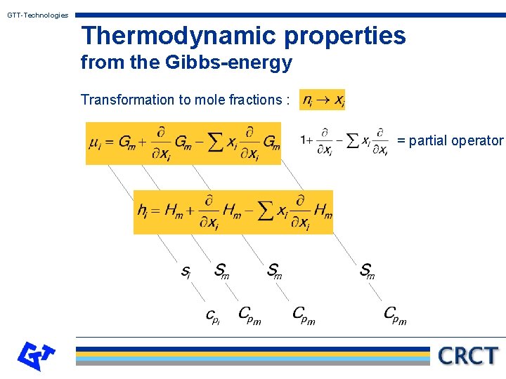 GTT-Technologies Thermodynamic properties from the Gibbs-energy Transformation to mole fractions : = partial operator