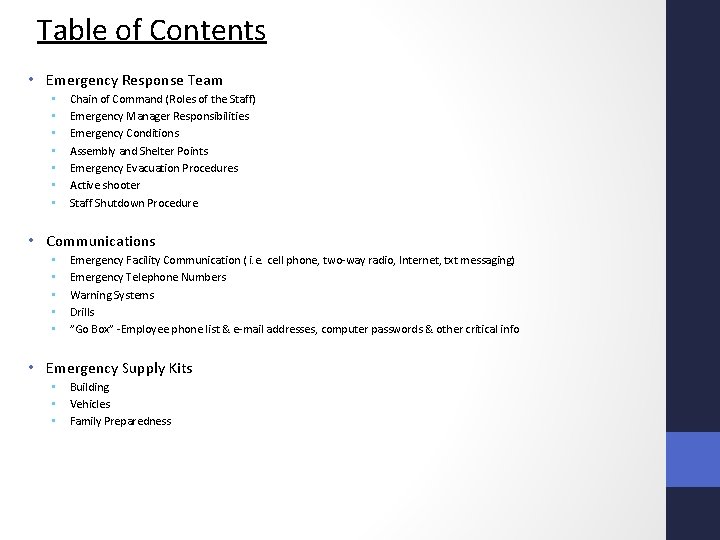 Table of Contents • Emergency Response Team • • Chain of Command (Roles of