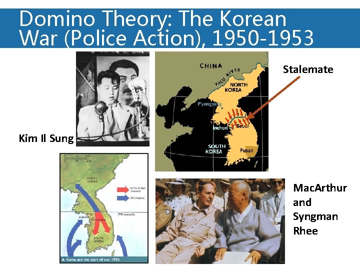 Domino Theory: The Korean War (Police Action), 1950 -1953 Stalemate Kim Il Sung Mac.