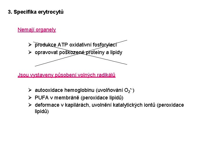 3. Specifika erytrocytů Nemají organely Ø produkce ATP oxidativní fosforylací Ø opravovat poškozené proteiny