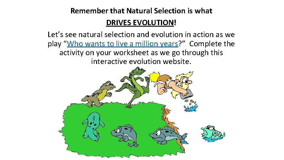 Remember that Natural Selection is what DRIVES EVOLUTION! Let’s see natural selection and evolution