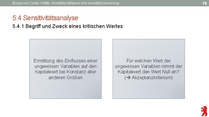 Busse von Colbe / Witte: Investitionstheorie und Investitionsrechnung 5. 4 Sensitivitätsanalyse 5. 4. 1