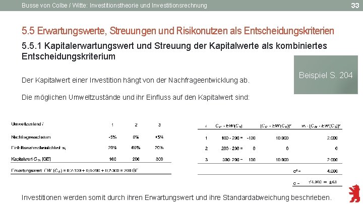 33 Busse von Colbe / Witte: Investitionstheorie und Investitionsrechnung 5. 5 Erwartungswerte, Streuungen und