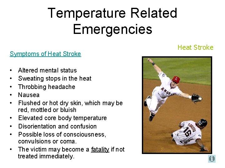 Temperature Related Emergencies Symptoms of Heat Stroke • • • Altered mental status Sweating