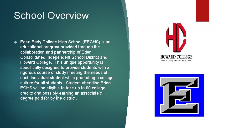 School Overview Eden Early College High School (EECHS) is an educational program provided through