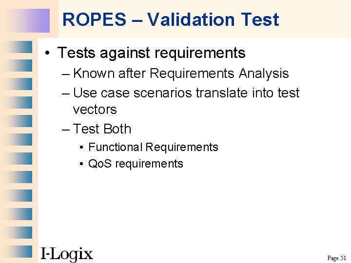 ROPES – Validation Test • Tests against requirements – Known after Requirements Analysis –