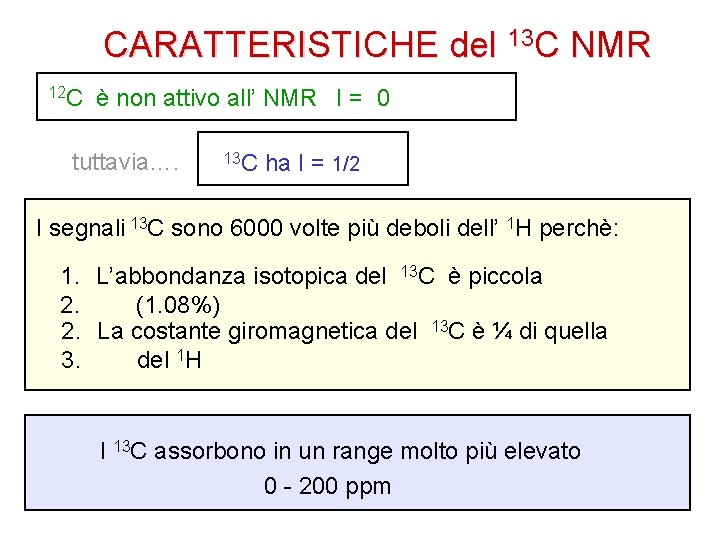 CARATTERISTICHE del 13 C NMR 12 C è non attivo all’ NMR I =