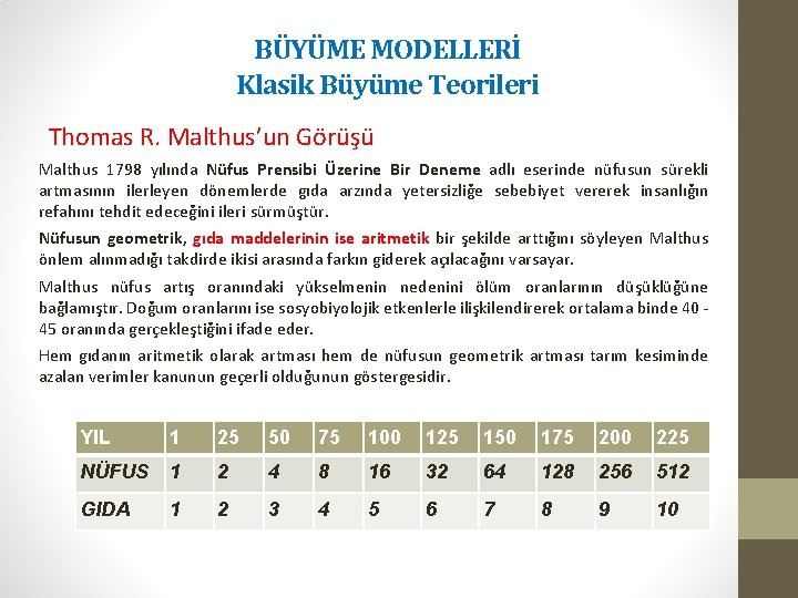 BÜYÜME MODELLERİ Klasik Büyüme Teorileri Thomas R. Malthus’un Görüşü Malthus 1798 yılında Nüfus Prensibi