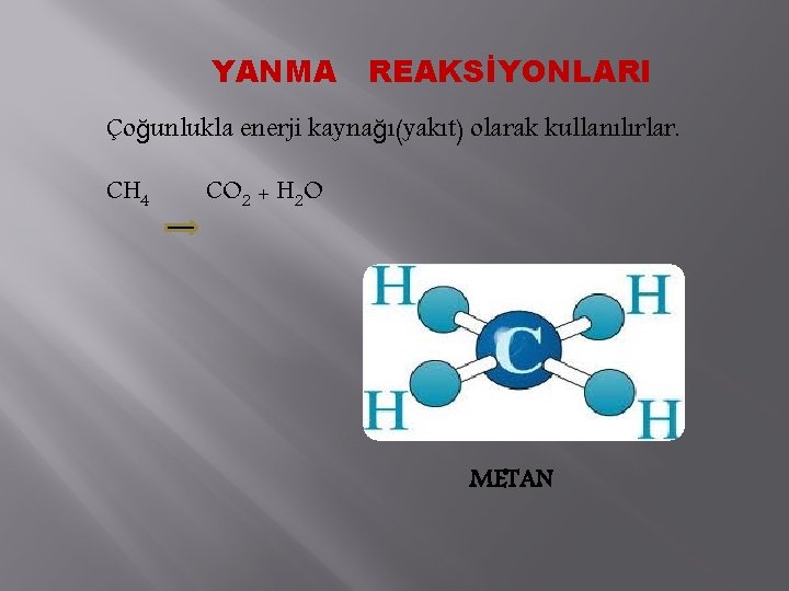 YANMA REAKSİYONLARI Çoğunlukla enerji kaynağı(yakıt) olarak kullanılırlar. CH 4 CO 2 + H 2