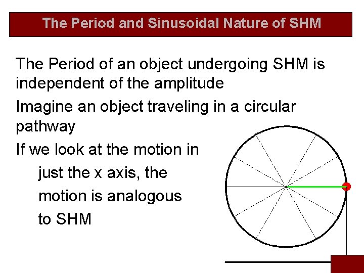  The Period and Sinusoidal Nature of SHM The Period of an object undergoing
