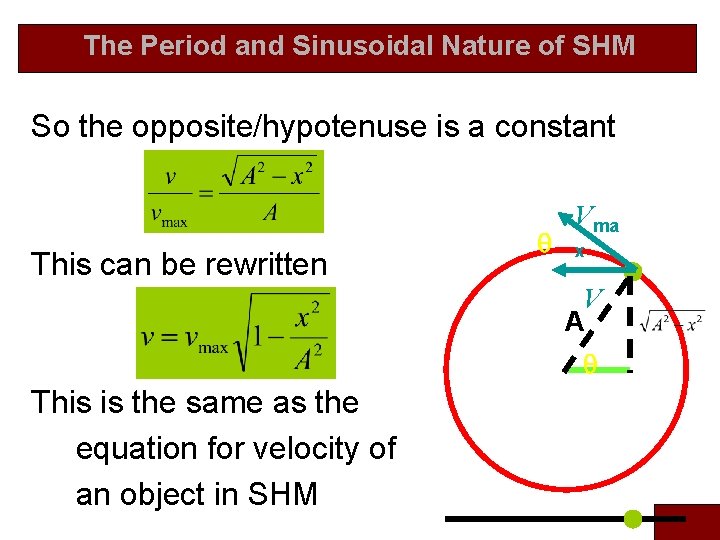  The Period and Sinusoidal Nature of SHM So the opposite/hypotenuse is a constant