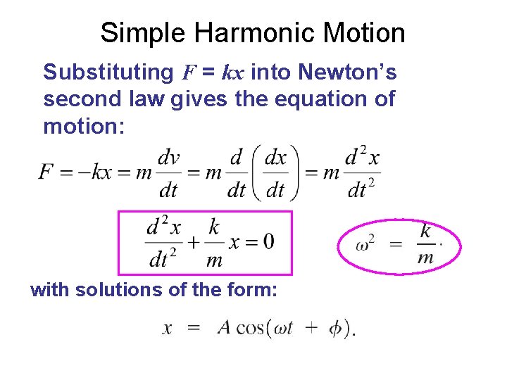 Simple Harmonic Motion Substituting F = kx into Newton’s second law gives the equation