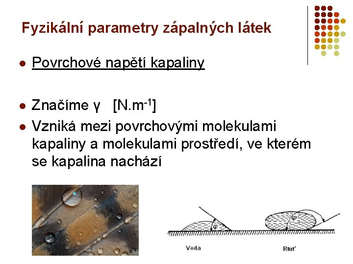 Fyzikální parametry zápalných látek l Povrchové napětí kapaliny l Značíme γ [N. m-1] Vzniká